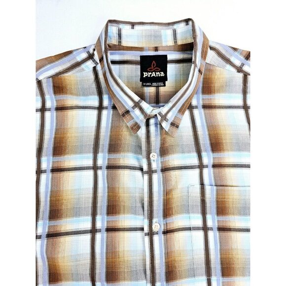 Prana Sz XL Mens Brown Gray Camel Blue Check Short Sleeve Neck Pocket Logo Shirt - Picture 1 of 13